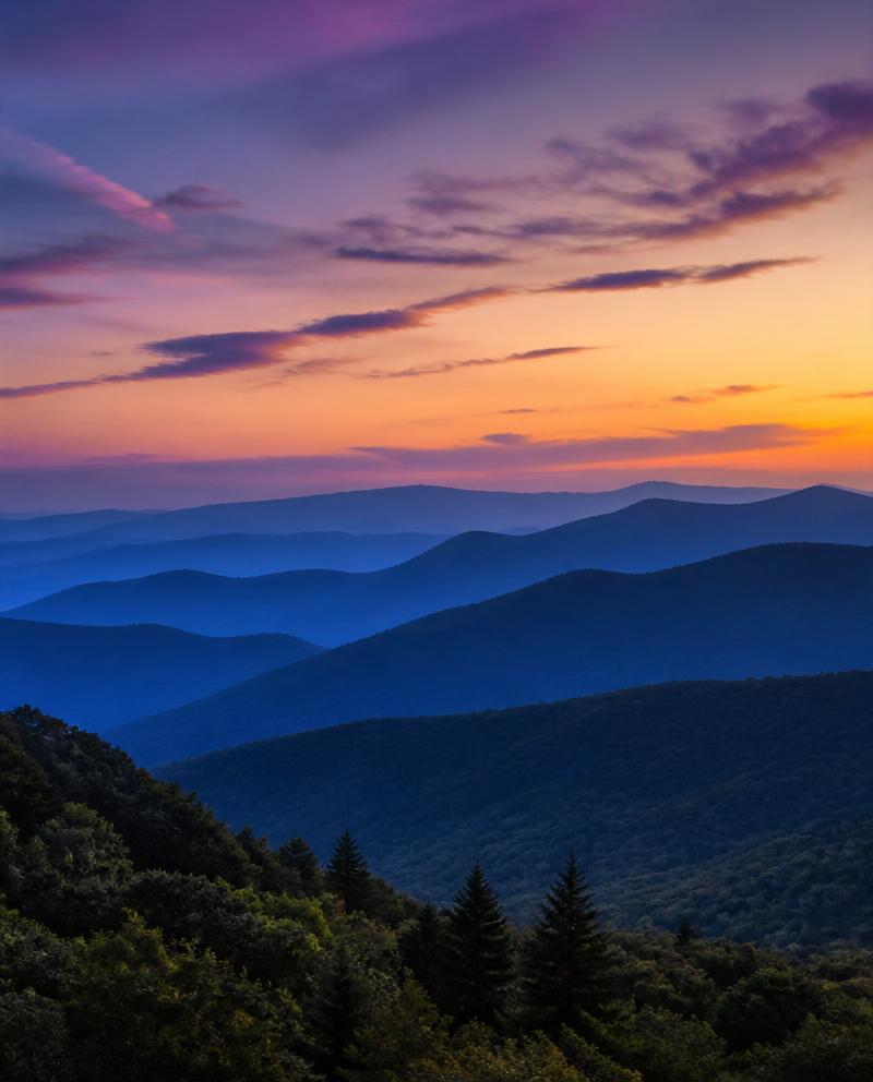 Rolling Blue Ridge mountains at dusk