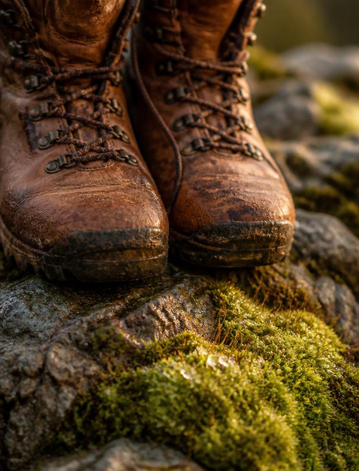 Close-up of hiking boots resting on mossy rocks