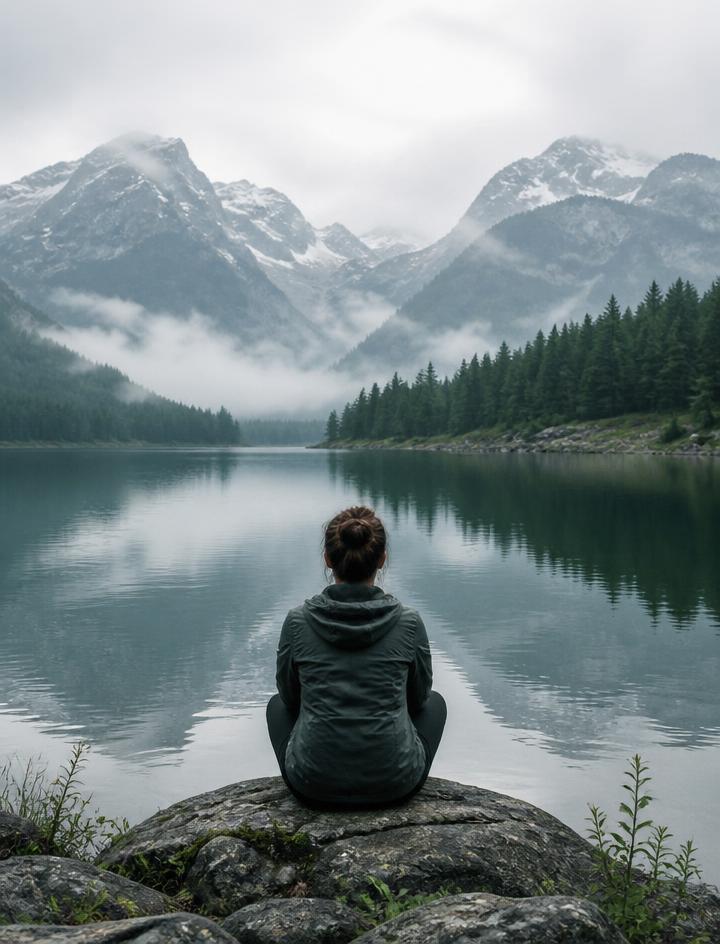 A person sitting peacefully by a calm mountain lake