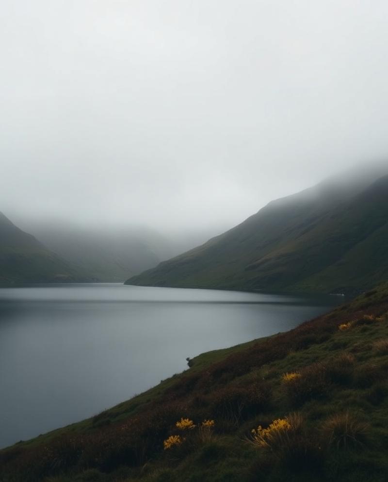 Misty morning over a calm loch in the Scottish Highlands