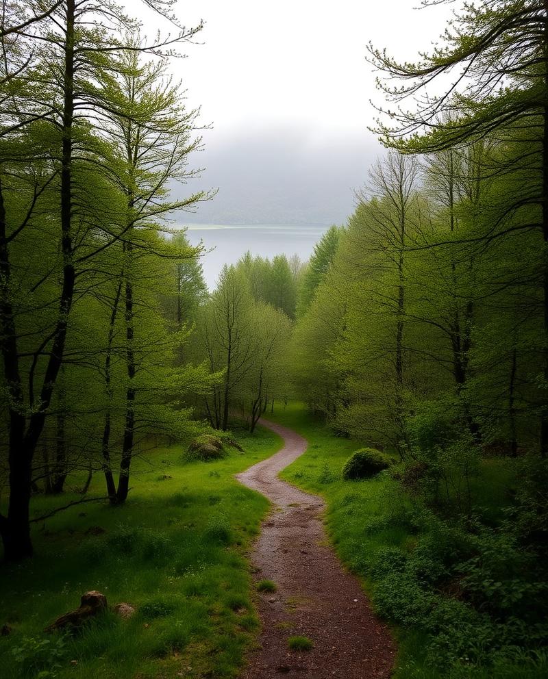 A quiet woodland path winding toward a lake in the Lake District